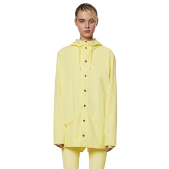 Rains Rain Jacket Unisex Yellow Straw Hood Cap Snap Front Size XL - Picture 1 of 6